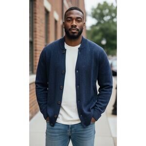 J. Crew Donegal Supersoft Wool Blend Bomber Sweater Navy Pockets Size Medium